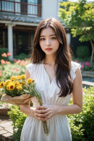 Beautiful girl holding flower village 