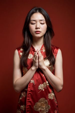 A Chinese ancient beauty is praying, with hands clasped together, eyes closed in silence, wearing a solemn yet beautiful expression, Red Background