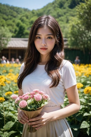 Beautiful girl holding flower village 