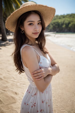 background is beach,sand,tropical forest,
20 yo, 1 girl, beautiful korean girl,standing,
wearing white simple summer dress(red flower pattern,strap),cloth flowing by wind, hold women hat with hands,smile, solo, {beautiful and detailed eyes}, dark eyes, calm expression, delicate facial features, ((model pose)), Glamor body type, (dark hair:1.2), simple tiny earrings, flim grain, realhands, masterpiece, Best Quality, 16k, photorealistic, ultra-detailed, finely detailed, high resolution, perfect dynamic composition, beautiful detailed eyes, eye smile, ((nervous and embarrassed)), sharp-focus, full_body, cowboy_shot,