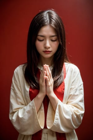 A Chinese ancient beauty is praying, with hands clasped together, eyes closed in silence, wearing a solemn yet beautiful expression, Red Background