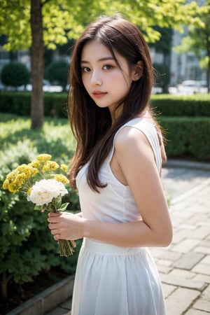 Beautiful girl holding flower village 