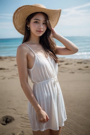 background is beach,sand,tropical forest,
20 yo, 1 girl, beautiful korean girl,standing,
wearing white simple summer dress(red flower pattern,strap),cloth flowing by wind, hold women hat with hands,smile, solo, {beautiful and detailed eyes}, dark eyes, calm expression, delicate facial features, ((model pose)), Glamor body type, (dark hair:1.2), simple tiny earrings, flim grain, realhands, masterpiece, Best Quality, 16k, photorealistic, ultra-detailed, finely detailed, high resolution, perfect dynamic composition, beautiful detailed eyes, eye smile, ((nervous and embarrassed)), sharp-focus, full_body, cowboy_shot,