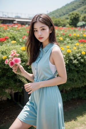 Beautiful girl holding flower village 