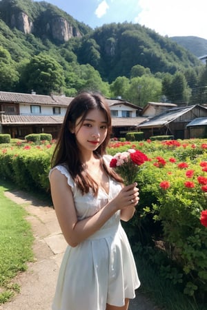 Beautiful girl holding flower village 