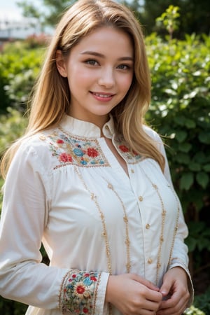 1girl, Beautiful young woman, blonde, smiling, (in beautiful Ukrainian national costume embroidery ornament white, black), sunny day, botanical garden, realistic