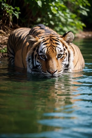 (best quality, masterpiece, ultra-detailed, 32k:1.2), wildlife photography editorial, a tiger drinking from a river, crystal clear water, vivid reflections, looking at the photographer, natural light, glittery