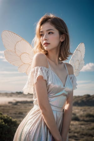 (masterpiece, best quality, CGI, official art:1.2), (stunning celestial being:1.3), (iridescent wings:1.4), shimmering silver hair, piercing sapphire eyes, gentle smile, (luminous aura:1.2), soft focus, whimsical atmosphere, serene emotion, dreamy tone, vibrant intensity, inspired by Hayao Miyazaki's style, ethereal aesthetic, pastel colors with (soft pink accents:1.1), warm mood, soft golden lighting, diagonal shot, looking up in wonder, surrounded by (delicate clouds:1.1) and (shimmering stardust:1.2), focal point on the being's face, intricate textures on wings and clothes, highly realistic fabric texture, atmospheric mist effect, high image complexity, detailed environment, subtle movement of wings, dynamic energy.