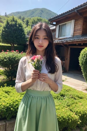 Beautiful girl holding flower village 