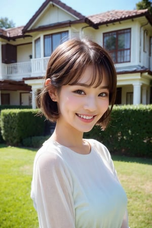 Pretty and charming girl. She wears a very elegant noblewoman oufit. She is a very cute girl. Hyperdetailing masterpiece, hyperdetailing skin, masterpiece quality, with 4k resolution. Charming smile. Short hair, himecut hairstyle, blonde hair. Mansion in background. She belongs to the nobility. updo hairstyle. tender and charming smile.
