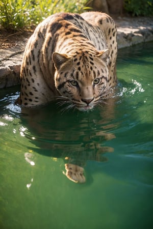 (best quality, masterpiece, ultra-detailed, 32k:1.2), wildlife photography editorial, a gold panther drinking from a river, crystal clear water, vivid reflections, looking at the photographer, natural light, glittery