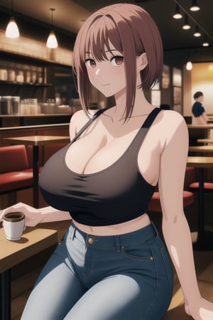 (realisitic、hight resolution:1.3)、1 girl with a perfect figure、Super thin face and eyes、shorth hair、Tank Tops:1 in random color.2、Short jeans、in a cafe、coffee on table、Colossal 、Exposed cleavage