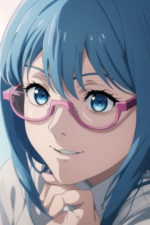 a close up of a person with blue hair and a white shirt, real life anime girls, Cute and natural anime face, Urzan, blue skin, beautiful blue-haired girl, Pretty girl with blue hair, blue eyes,Wear pink glasses（focus）,bright smile,Realistic young anime girl, Anime Girls Cosplay, beautiful anime face, anime style, anime inspiration, cute anime face, beautiful anime face, beautiful anime style