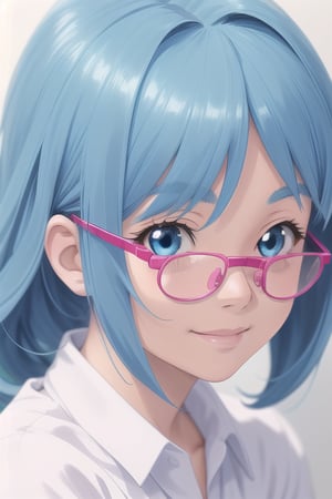 a close up of a person with blue hair and a white shirt, real life anime girls, Cute and natural anime face, Urzan, blue skin, beautiful blue-haired girl, Pretty girl with blue hair, blue eyes,Wear pink glasses（focus）,bright smile,Realistic young anime girl, Anime Girls Cosplay, beautiful anime face, anime style, anime inspiration, cute anime face, beautiful anime face, beautiful anime style