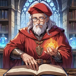 solo, european fantasy, panel comics, 3/4 body, art of male human mage professor, mage, cast spell pose, european facial features, wrinkled face, spellbook with his hand, medium white beard, medieval clothes, wearing red robe of medieval scientist, renaissance beret on his head, glasses, magic laboratory in background,detailed face, normal proportion,detailed arms,detailed weapon,fantasy,concept character design,intricate details, highly detailed