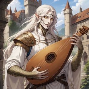 solo, half realistic face, european fantasy, panel comics, 3/4 body, art, art of male Yuan-ti bard, human-snake hybrid, musician, plays on lute, inspired facial expression, Yuan-ti, slit pupils, finned ears, long white hair, long hair, white scaly skin, scaly face, scaly leather skin, snake skin, 20yo, plays the lute, handsome, human clothes, wearing white medieval tunic, white scaly skin, human castle in background,detailed face, normal proportion,detailed arms,detailed weapon,fantasy,concept character design,intricate details, highly detailed,more detail XL