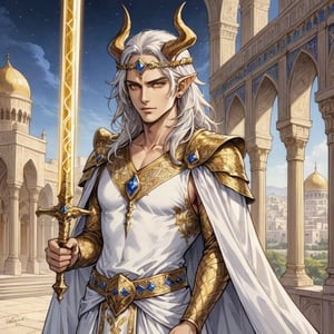 solo, linear art, panel comics, realistic anime style, 3/4 body art of male dragon-human warrior, flamming sword with his hand, handsome, dragon-human hybrid, muscular, 20yo, long shoulder-length white hair, glowing gold eyes, fins-like ears, small gold dragon horns, wearing ancient persian white-gold noble clothes, v-neck shirt, white cape, magic sword, circlet on his head, persian fantasy city in backround, detailed face, detailed arms,detailed weapon,fantasy,concept character design,intricate details, highly detailed