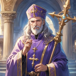 solo, half realistic face, panel comics, 3/4 body, art of male human bishop, staff with his hands, caster pose, holy magic, gray hair, medium hair, beard, 80yo, priest, pray, holds a staff in his hand, sain magic in his hand, wearing priest robe, bishop cap on head, temple in background,detailed face, normal proportion,detailed arms,detailed weapon,fantasy,concept character design,intricate details, highly detailed