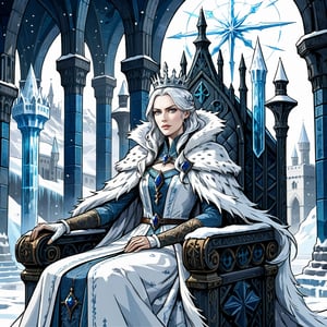 solo,snow queen, Jadis, pale skin, impassive face expression, long white hair, wearing white fur coat, medieval robe dress, covered shoulders, ice crown, sits on the ice throne, ice palace interrior in backround,character fantasy concept art,castlevania character design,detailed face highly detailed,detailed arms,fantasy,concept character design,intricate details, highly detailed