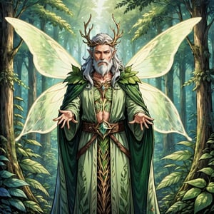 solo, linear art, panel comics, realistic anime style, 3/4 body art of erlking, fairy king, erlking, spellcast pose, nature spell, long white beard, fairy wings, wearing plant robe, plant cape, forest in backround, detailed face, detailed arms,detailed weapon,fantasy,concept character design,intricate details, highly detailed