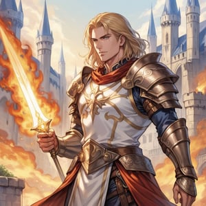 solo, european fantasy, panel comics, 3/4 body, art of male human arcane warrior, warrior, european facial features, flamming sword with his hand, mature male, medium blond hair, medium hair, pale skin, flamming sword, white tabard, wearing light armor, human castle in background,detailed face, normal proportion,detailed arms,detailed weapon,fantasy,concept character design,intricate details, highly detailed