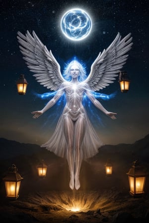 A ethereal holographic projection hovers before a dark, starry night sky. The angel's translucent form glows with an otherworldly light, as if infused with celestial energy. Wings outstretched, the guardian's eyes shine like lanterns in the void, radiating peace and protection.