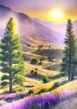 A tranquil mountain valley bathed in the soft, golden light of a serene sunset, with the late afternoon sun casting a warm glow on the rolling hills and rustic trees, while the sky is painted with hues of pink, orange, and purple.,Landscape,Nature,Background,Design