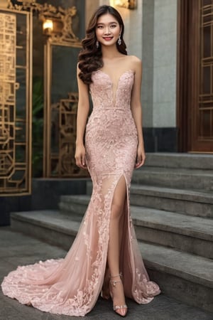 Full body shot photo of an Asian model female, lip gloss, long hair with soft curls, thin face, smiles, wearing a stunning gown