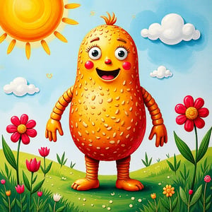 A child's painting of a giant made of sesame seeds, vibrant colors, playful brushstrokes, wide-eyed expression, standing in a whimsical landscape, sunny sky, grassy field, oversized flowers, exaggerated proportions, happy and cheerful mood, framed in a simple wooden border, bright and cheerful lighting, close-up view of the giant's face, smiling with joy.