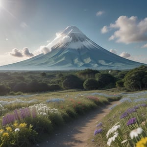 A vibrant wildflowers spills across a lush green field, their petals swaying gently in the breeze. In the distance, the majestic Mayon Volcano rises majestically against a brilliant blue sky, its snow-capped peak gleaming like diamonds against the warm, sunny atmosphere., realism,Ultra details++, add more details,Ultra details++ 