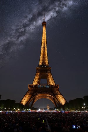 Cinematic capture of international athletes gathered on a grand scale at the 2024 Olympics opening ceremony in Paris. The iconic Eiffel Tower rises majestically into the night sky, its iron latticework gleaming under spotlights that cast a warm glow. Athletes from diverse nations stand united, their faces aglow with anticipation and excitement, as the camera pans down to reveal the vibrant crowd.