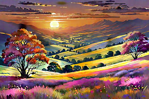 A tranquil mountain valley bathed in the soft, golden light of a serene sunset, with the late afternoon sun casting a warm glow on the rolling hills and rustic trees, while the sky is painted with hues of pink, orange, and purple.,Landscape,Nature,Background,Design