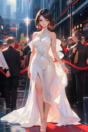 Beautiful woman wearing white sparkle elegant dress, walking in red carpet.,Extremely Realistic Face,DETAILED,CHARACTER