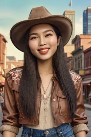 A cowboy shot of an Asian model female, long straight  hair, lip gloss, happy smiles, dense pubic  hair, wearing cowboy clothing, hat, cowboy's town in the background 