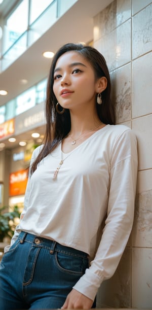 score_9, score_8_up, score_7_up, score_6_up, a slim Asian girl with long straight hair, mall, casual long sleeves attire, necklace, earring, closeup, pale skin, leaning back on wall