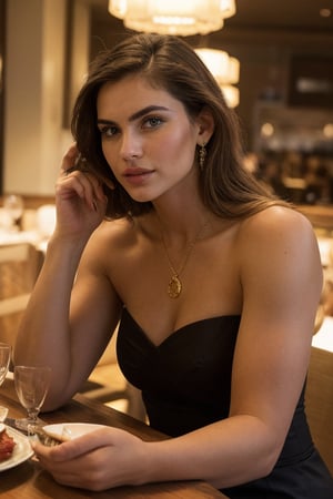 A closeup photo of upper body of an Instagram model sitting at the dining table. Her slim physique is showcased by closed neck fashionable long dress. Soft golden lighting casts a flattering glow on her porcelain skin, emphasizing her curves.