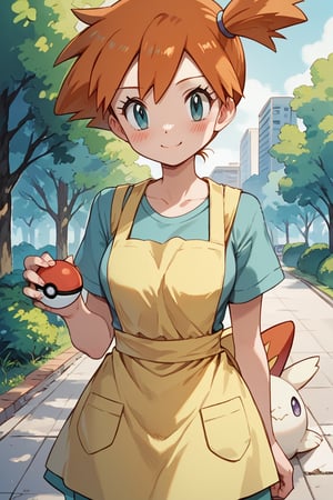 score_9,score_8_up,score_7_up,source_anime,BREAK1girl,misty,at park,blush,blushing,orange hair,,light smile,pokemon,anthro_pokemon,big_pokemon,bug_type_pokemon,female_solo,pokemon,Togepi,hadaka_apron