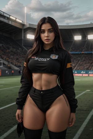 dressed as sexy football referee, attractive,  standing on football field, centered. Viewed from the front Lovely cute young attractive indian girl, 25 years old, cute long black_hair,  black  hair, gorgeous curvy girl. perfect body , gorgeous full body image. Fujifilm X-T4, Sony FE 85mm, 32k 
many details, extreme detailed, full of details,
Wide range of colors., Dramatic,Dynamic,Cinematic,Sharp details
Insane quality. Insane resolution. Insane details. Masterpiece. 32k resolution. ,Girl,Indian,