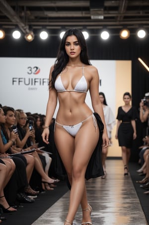 A fashion show is taking place, and a young model is walking on the runway. She has long legs, a slim body, and perfect skin. The photographers are taking pictures of her from all angles as she walks down the runway. she is wearing a white micro bikini.sexy young attractive indian girl, 25 years old, cute long black_hair,  black  hair, gorgeous curvy girl. perfect body , gorgeous full body image. Fujifilm X-T4, Sony FE 85mm, 32k 
many details, extreme detailed, full of details,
Wide range of colors., Dramatic,Dynamic,Cinematic,Sharp details
Insane quality. Insane resolution. Insane details. Masterpiece. 32k resolution. ,