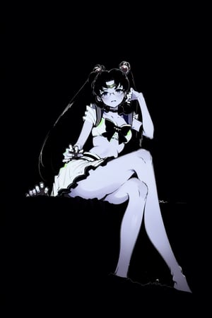  , sitting,  suggestive, , , , grayscale, monochromatic skirt, , multiple_hands, black hands black arm, from below, , black hair, purple eyes, braided ponytail, glasses,shadow,yellow background, multiple_girls,green background, succubus, 2 girl., one tree,two-tone background, 
hands coming out of the ground,aausagi,choker, twintails, circlet