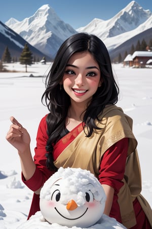 beautiful cute young attractive girl indian, teenage girl, village girl,18 year old,cute, instagram model,long black hair .color hairDescribe the enchanting scene of a cute girl joyfully playing amidst the pristine snow-capped peaks of the Himalayas. Capture the essence of her laughter echoing through the mountains, the sparkle in her eyes as she builds snowmen, and the warmth of her smile contrasting against the snowy landscape, indian hot ,little smiling, smooth face,Saree,