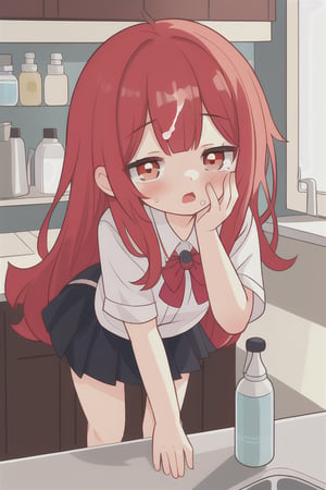  red head girl with long straight hair bent over the counter in a skirt. vagina showing. cum all over her face and in her hair

,loli