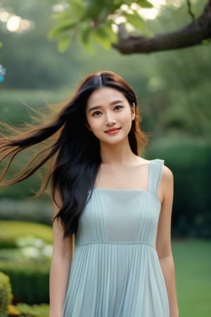 A mesmerizing female ((35 year old)) model with thick long black hair and auburn highlights braids, her features is a mix of Chinese and Filipina, ((Kylie Jenner:0.6), (Zhao Lu Si:0.4)), prominent dimples on her cheeks, full intense pouty lips, light grey blue intense eyes, button nose, a small mole on her left cheek, smiling playfully towards the camera, in Flowy Square Neck Pleated Chiffon Long white Dress ((full body profile)), ethereal dreamy foggy, photoshoot by Annie Leibovitz, editorial Fashion Magazine photoshoot, Spring garden backyard, High detail, high quality, 8k, Kinfolk Magazine. Film Grain. a soft smile. Kodak gold 400,Extremely Realistic,realhands, ((copy Zhao Lusi model poses)),hubggirl