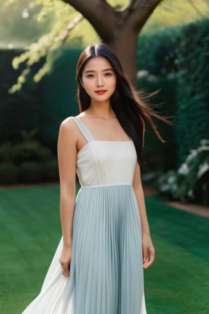 A mesmerizing female ((35 year old)) model with thick long black hair and auburn highlights braids, her features is a mix of Chinese and Filipina, ((Kylie Jenner:0.6), (Zhao Lu Si:0.4)), prominent dimples on her cheeks, full intense pouty lips, light grey blue intense eyes, button nose, a small mole on her left cheek, smiling playfully towards the camera, in Flowy Square Neck Pleated Chiffon Long white Dress ((full body profile)), ethereal dreamy foggy, photoshoot by Annie Leibovitz, editorial Fashion Magazine photoshoot, Spring garden backyard, High detail, high quality, 8k, Kinfolk Magazine. Film Grain. a soft smile. Kodak gold 400,Extremely Realistic,realhands, ((copy Zhao Lusi model poses)),hubggirl