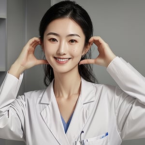 masterpiece,best quality,4k,(cowboy shot), 1girl, (cheek_heart:1.4), smiling beautiful Japanese female doctor wearing white labcoat over scrubs, sitting, beautiful detailed face, black hair, pale skin, realistic skin, detailed cloth texture, detailed hair texture, Perfect proportion, accurate, Anatomically correct, Highly detailed face and skin texture, modern hospital bed, photorealistic, realistic, looking at viewer,