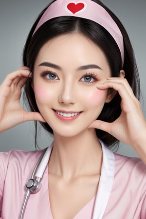 (cowboy shot), 1girl,  (cheek_heart:1.4), smiling, beautiful Japanese female nurse wearing pink nurse dress, beautiful detailed face, slim, Japanese woman, black hair, pale skin, fair skin, realistic skin, detailed cloth texture, detailed hair texture, Perfect proportion, Beautiful Face, (perfect eyes), (detailed eyes), solid circle eyes, sparkling eyes, (clean eyes), accurate, Anatomically correct, Highly detailed face and skin texture , looking at viewer, modern hospital, photorealistic