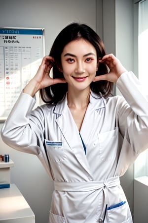 score_9,score_8_up,score_7_up, (cowboy shot), 1girl,  (cheek_heart:1.4), smiling, beautiful Japanese female doctor wearing white labcoat, beautiful detailed face, slim, Japanese woman, black hair, pale skin, fair skin, realistic skin, detailed cloth texture, detailed hair texture, Perfect proportion, Beautiful Face, (perfect eyes), (detailed eyes), solid circle eyes, sparkling eyes, (clean eyes), accurate, Anatomically correct, Highly detailed face and skin texture , looking at viewer, modern hospital, photorealistic