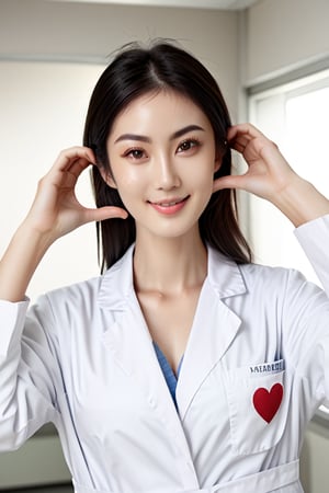 score_9,score_8_up,score_7_up, (cowboy shot), 1girl,  (cheek_heart:1.4), smiling, beautiful Japanese female doctor wearing white labcoat, beautiful detailed face, slim, Japanese woman, black hair, pale skin, fair skin, realistic skin, detailed cloth texture, detailed hair texture, Perfect proportion, Beautiful Face, (perfect eyes), (detailed eyes), solid circle eyes, sparkling eyes, (clean eyes), accurate, Anatomically correct, Highly detailed face and skin texture , looking at viewer, modern hospital, photorealistic