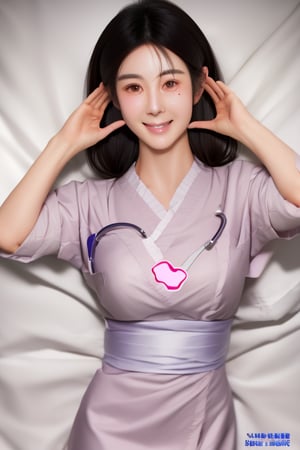  (medium shot), 1girl, (cheek_heart:1.4), (raised arms, fingers at cheeks), smiling beautiful Japanese female nurse wearing fitted aqua nurse dress, beautiful detailed face, Japanese woman, black hair, pale skin, realistic skin, detailed cloth texture, detailed hair texture, Perfect proportion, accurate, Anatomically correct, Highly detailed face and skin texture, modern hospital bed, photorealistic