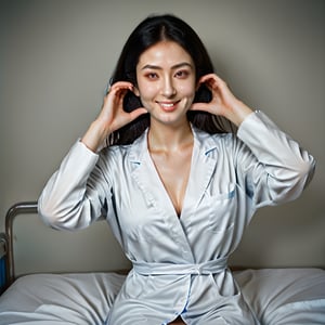 masterpiece,best quality,4k,(cowboy shot), 1girl, (cheek_heart:1.4), smiling beautiful Japanese female doctor wearing white labcoat over scrubs, sitting, beautiful detailed face, black hair, pale skin, realistic skin, detailed cloth texture, detailed hair texture, Perfect proportion, accurate, Anatomically correct, Highly detailed face and skin texture, modern hospital bed, photorealistic, realistic, looking at viewer,